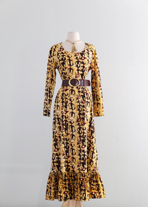 Striking 1970's Saffron Bird Print Batik Cotton Maxi Dress / ML