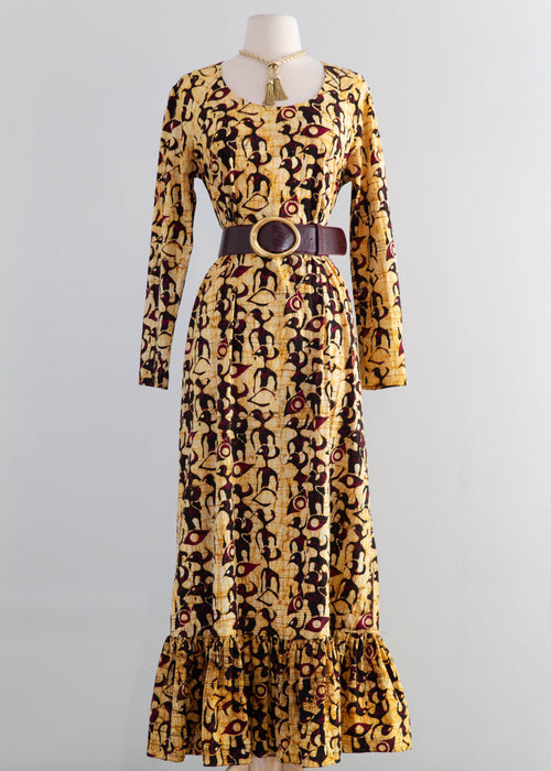 Striking 1970's Saffron Bird Print Batik Cotton Maxi Dress / ML