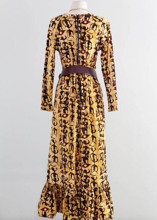 Striking 1970's Saffron Bird Print Batik Cotton Maxi Dress / ML