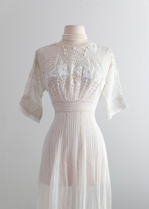 Exquistie Rose Embroidered 1900's Edwardian Cotton Wedding Dress / XS
