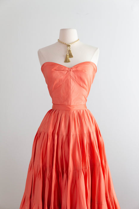 Spectacular 1950's Nettie Rosenstein Persimmon Silk Party Dress / S
