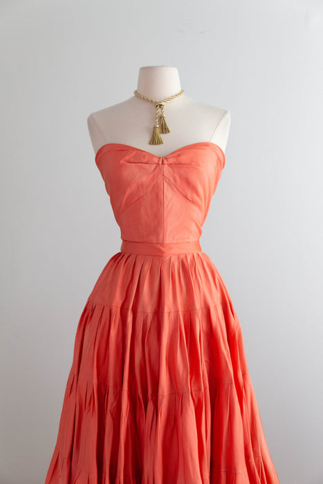 Spectacular 1950's Nettie Rosenstein Persimmon Silk Party Dress / S