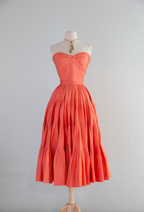 Spectacular 1950's Nettie Rosenstein Persimmon Silk Party Dress / S