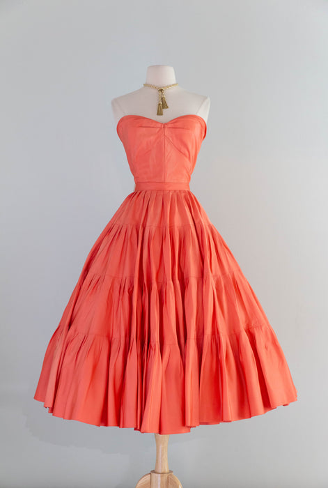Spectacular 1950's Nettie Rosenstein Persimmon Silk Party Dress / S