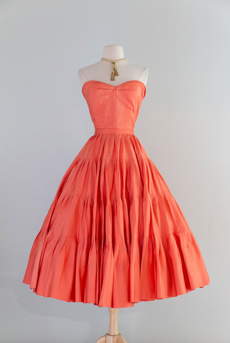 Spectacular 1950's Nettie Rosenstein Persimmon Silk Party Dress / S