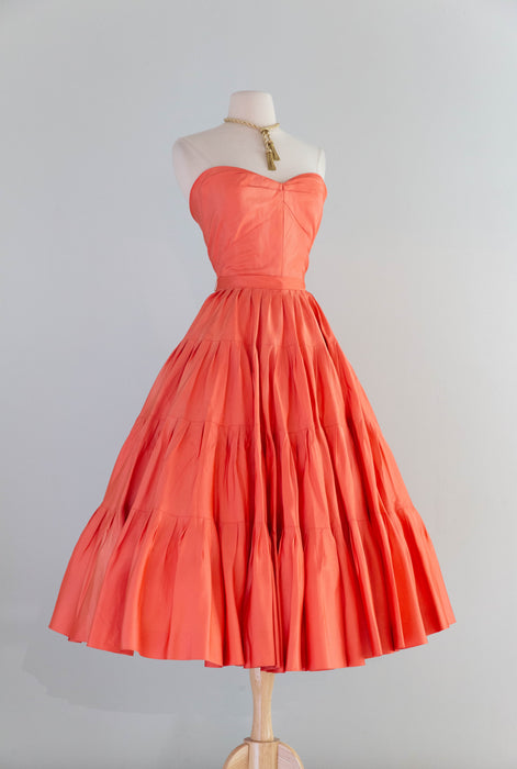 Spectacular 1950's Nettie Rosenstein Persimmon Silk Party Dress / S