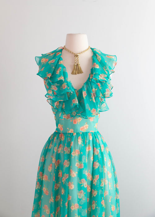 Stunning 1970's All Summer in a Day Green Floral Print Halter Maxi Dress / Medium
