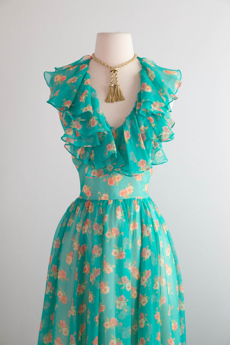 Stunning 1970's All Summer in a Day Green Floral Print Halter Maxi Dress / Medium