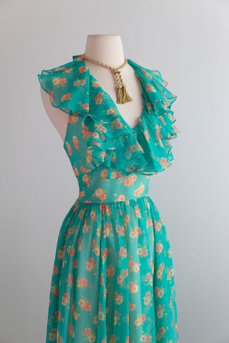 Stunning 1970's All Summer in a Day Green Floral Print Halter Maxi Dress / Medium