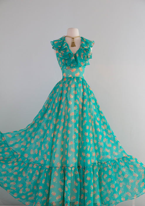 Stunning 1970's All Summer in a Day Green Floral Print Halter Maxi Dress / Medium