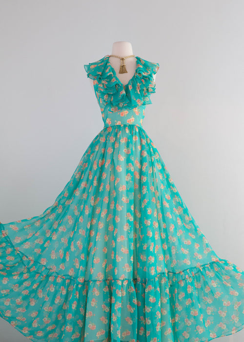Stunning 1970's All Summer in a Day Green Floral Print Halter Maxi Dress / Medium