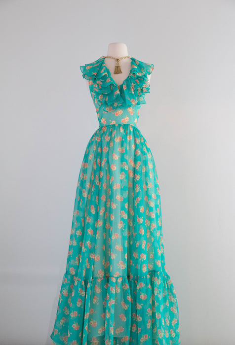 Stunning 1970's All Summer in a Day Green Floral Print Halter Maxi Dress / Medium