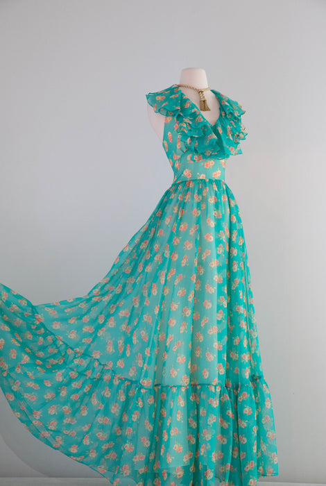 Stunning 1970's All Summer in a Day Green Floral Print Halter Maxi Dress / Medium