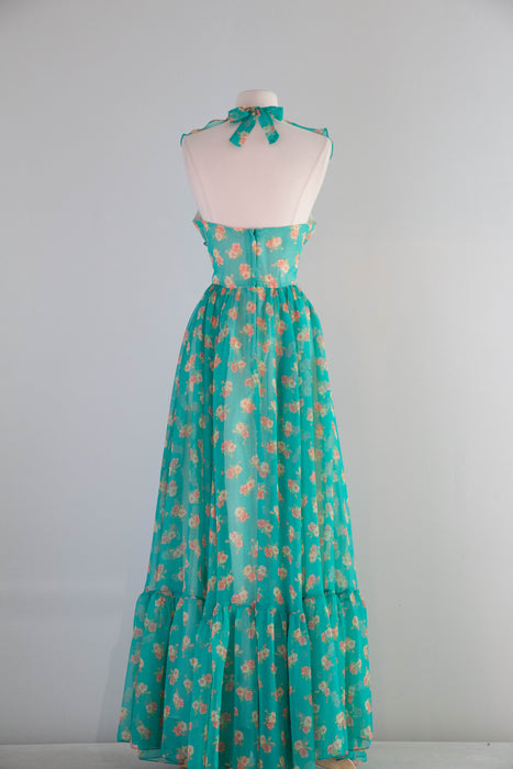 Stunning 1970's All Summer in a Day Green Floral Print Halter Maxi Dress / Medium