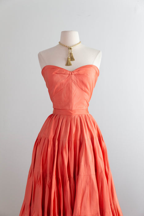 Spectacular 1950's Nettie Rosenstein Persimmon Silk Party Dress / S