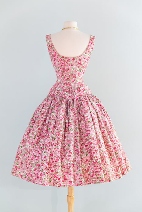 Stunning 1950's Suzy Perette Pink Mosaic Tile Print Dior Style PArty Dress / XXS
