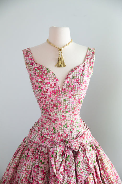 Stunning 1950's Suzy Perette Pink Mosaic Tile Print Dior Style PArty Dress / XXS