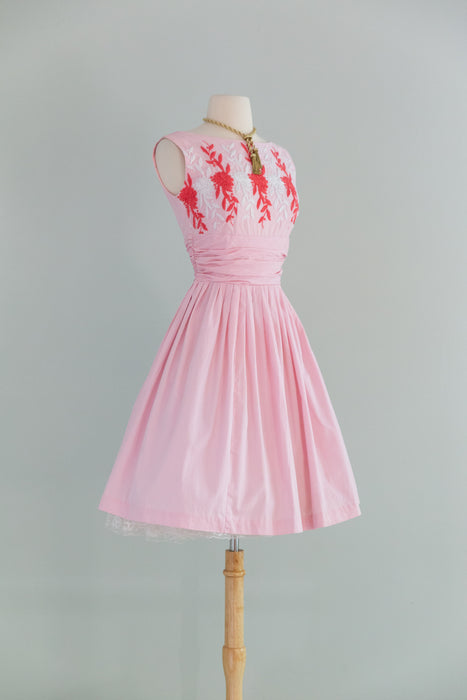 Romantic Early 1960's Embroidered Pink Cotton Sundress / Small