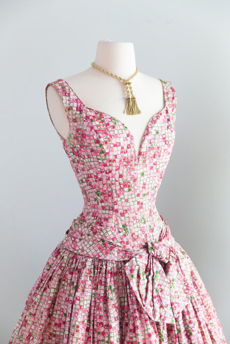 Stunning 1950's Suzy Perette Pink Mosaic Tile Print Dior Style PArty Dress / XXS