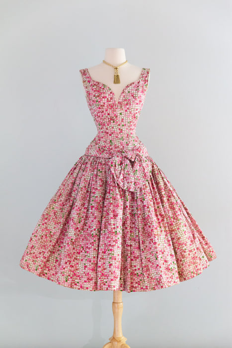 Stunning 1950's Suzy Perette Pink Mosaic Tile Print Dior Style PArty Dress / XXS