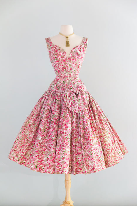 Stunning 1950's Suzy Perette Pink Mosaic Tile Print Dior Style PArty Dress / XXS