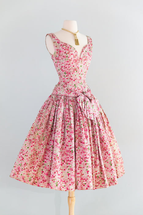 Stunning 1950's Suzy Perette Pink Mosaic Tile Print Dior Style PArty Dress / XXS