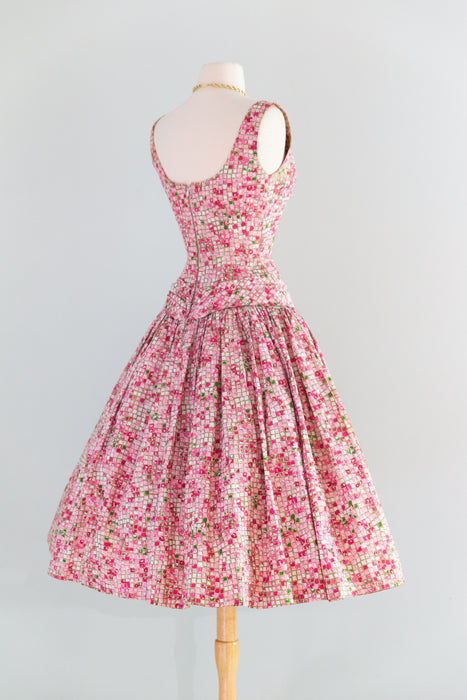 Stunning 1950's Suzy Perette Pink Mosaic Tile Print Dior Style PArty Dress / XXS