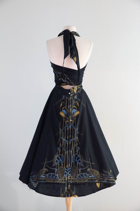 Glamorous 1950's Black Cotton Art Nouveau Print Halter Dress / M