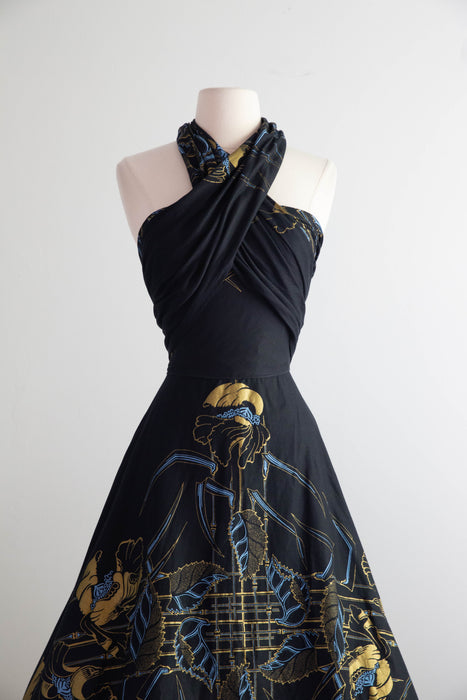 Glamorous 1950's Black Cotton Art Nouveau Print Halter Dress / M