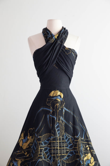 Glamorous 1950's Black Cotton Art Nouveau Print Halter Dress / M