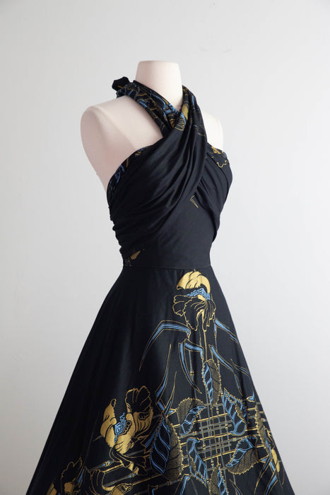 Glamorous 1950's Black Cotton Art Nouveau Print Halter Dress / M
