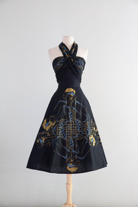 Glamorous 1950's Black Cotton Art Nouveau Print Halter Dress / M