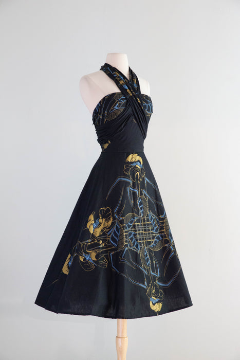 Glamorous 1950's Black Cotton Art Nouveau Print Halter Dress / M