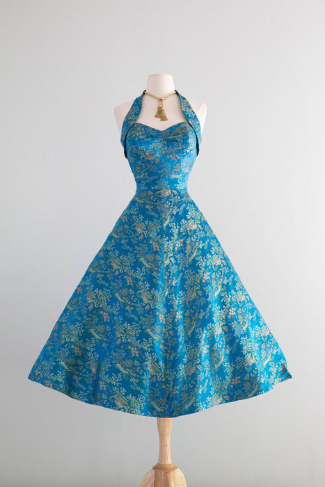 Spectacular 1950's Tiana Pittelle Hawaiian Halter Dress In Sapphire Chinese Silk / Small Spectacular 1950's Tiana Pittelle Hawaiian Halter Dress In Sapphire Chinese Silk / Small