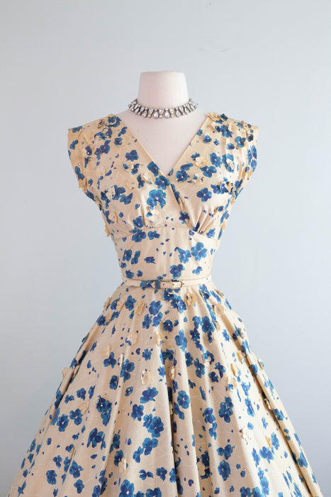 Spectacular 1950's Polished Cotton Floral Print Party Dress By Bramson / Small