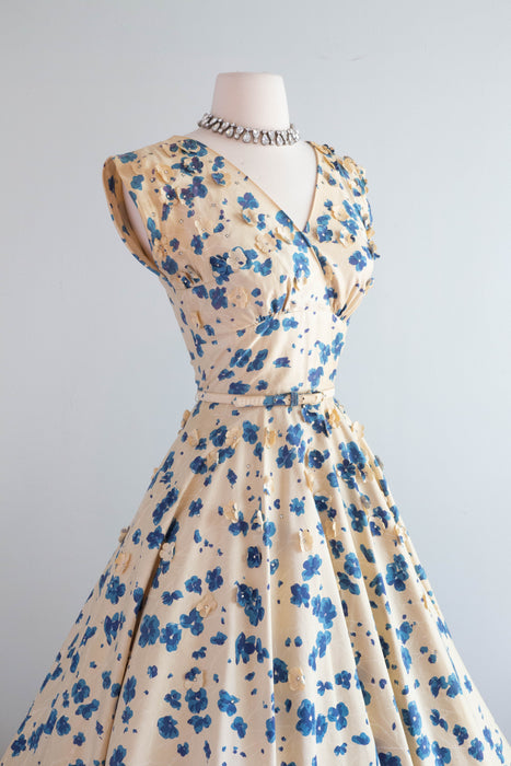 Spectacular 1950's Polished Cotton Floral Print Party Dress By Bramson / Small