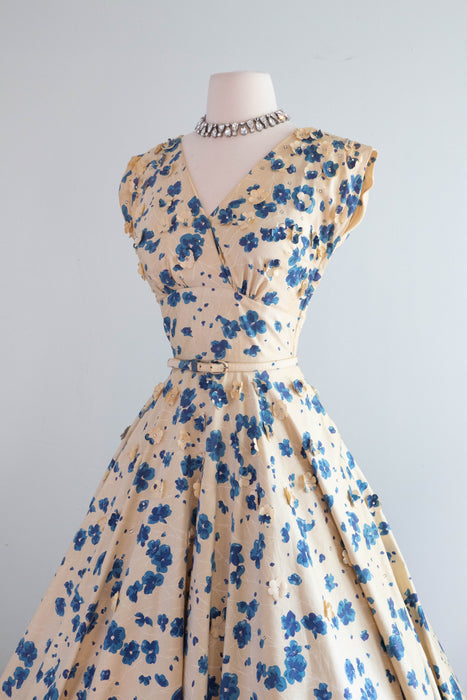 Spectacular 1950's Polished Cotton Floral Print Party Dress By Bramson / Small