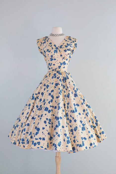 Spectacular 1950's Polished Cotton Floral Print Party Dress By Bramson / Small