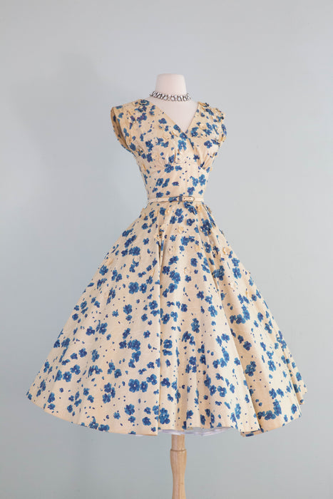 Spectacular 1950's Polished Cotton Floral Print Party Dress By Bramson / Small