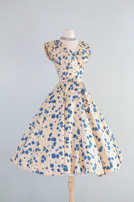 Spectacular 1950's Polished Cotton Floral Print Party Dress By Bramson / Small