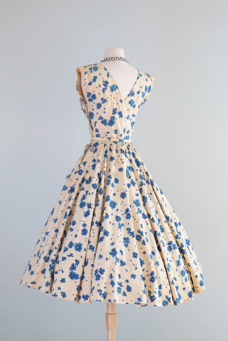 Spectacular 1950's Polished Cotton Floral Print Party Dress By Bramson / Small