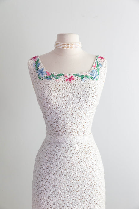 Elegant 1950's Ivory Ribbon Knit Dress & Matching Jacket From Saks Fifth Ave / SM