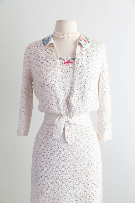 Elegant 1950's Ivory Ribbon Knit Dress & Matching Jacket From Saks Fifth Ave / SM