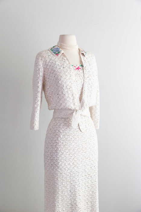 Elegant 1950's Ivory Ribbon Knit Dress & Matching Jacket From Saks Fifth Ave / SM