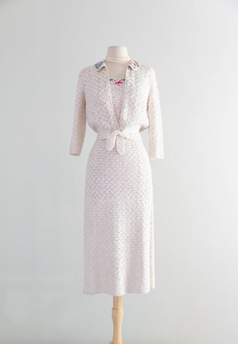 Elegant 1950's Ivory Ribbon Knit Dress & Matching Jacket From Saks Fifth Ave / SM