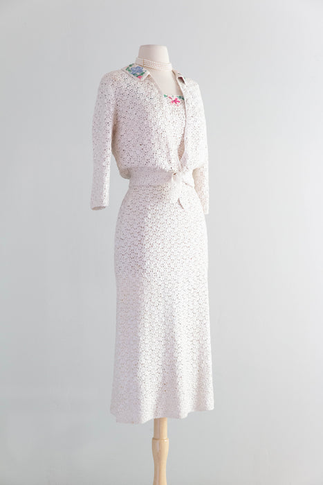 Elegant 1950's Ivory Ribbon Knit Dress & Matching Jacket From Saks Fifth Ave / SM