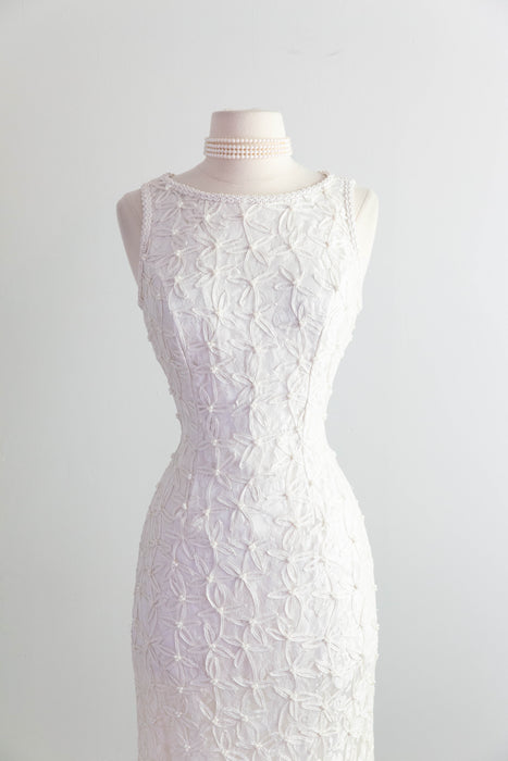Stunning 1990's Pearl Embellished Ivory Sheath Gown / Small