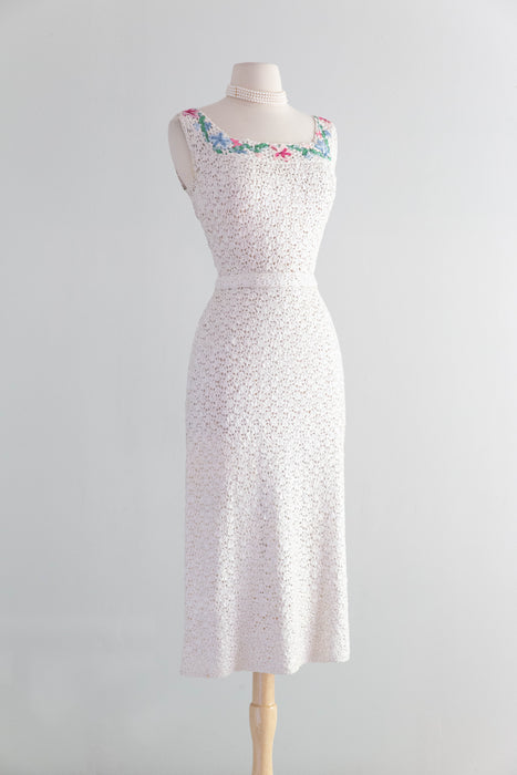 Elegant 1950's Ivory Ribbon Knit Dress & Matching Jacket From Saks Fifth Ave / SM