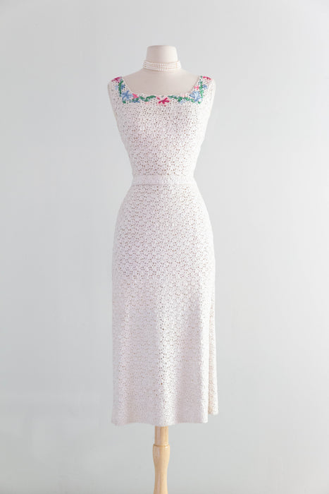 Elegant 1950's Ivory Ribbon Knit Dress & Matching Jacket From Saks Fifth Ave / SM