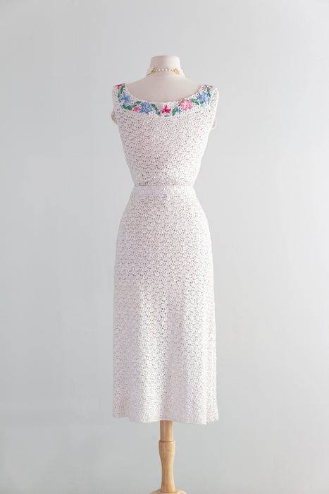 Elegant 1950's Ivory Ribbon Knit Dress & Matching Jacket From Saks Fifth Ave / SM